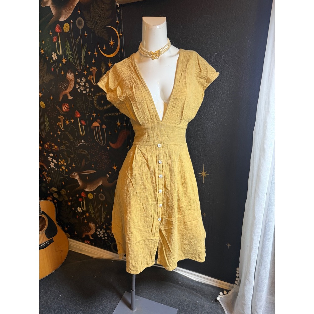 Nakawe Trading Mustard Yellow Deep V-Neck Open Back Button Front Mini Dress S